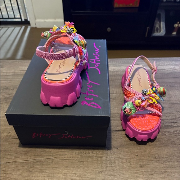 Betsey Johnson Colorful Charm Platform Sandals | Pink Multi Beaded | Size 8 - Picture 5 of 11